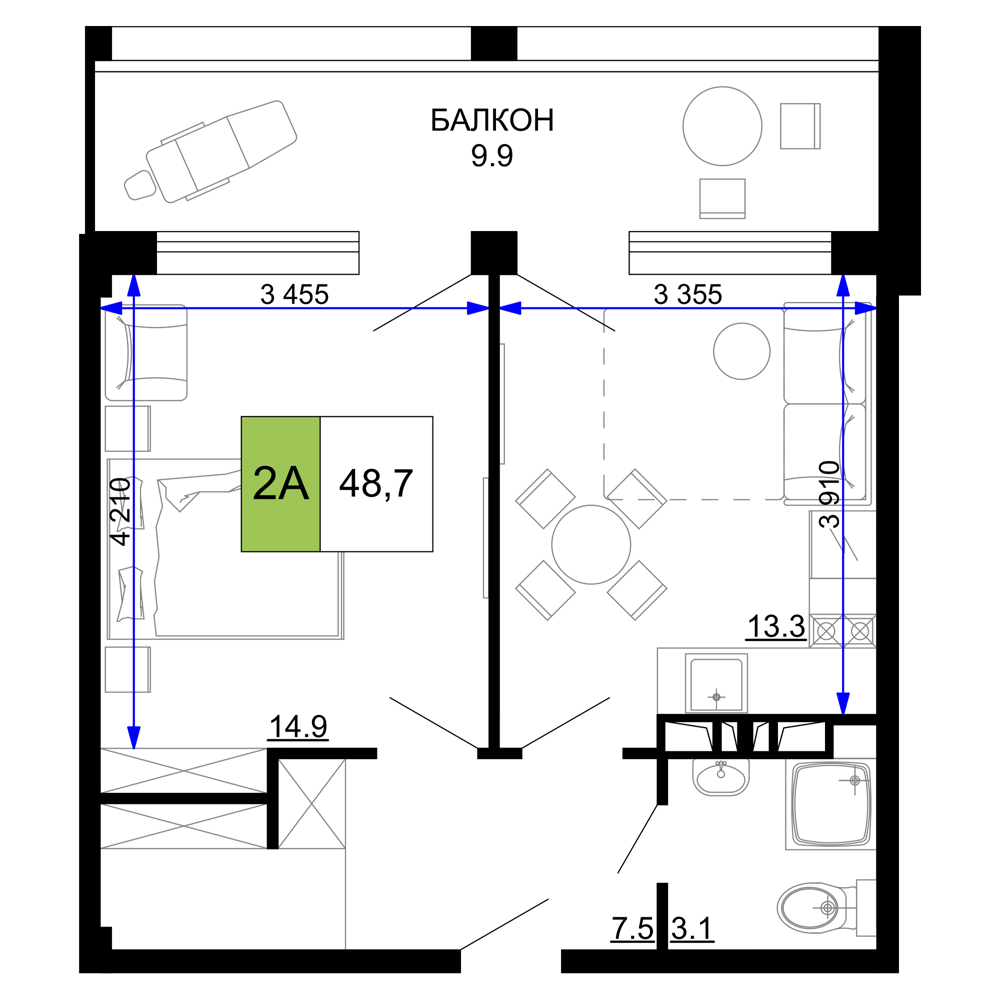 2-комнатная 48 м2 в ЖК Мореград корпус null этаж 3