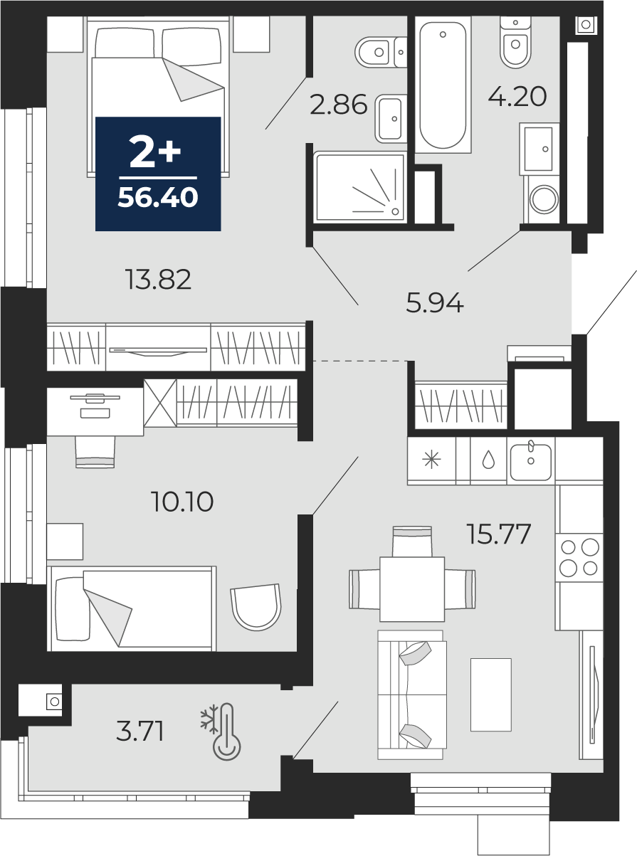 2-комнатная 52 м2 в ЖК Мириады корпус null этаж 9