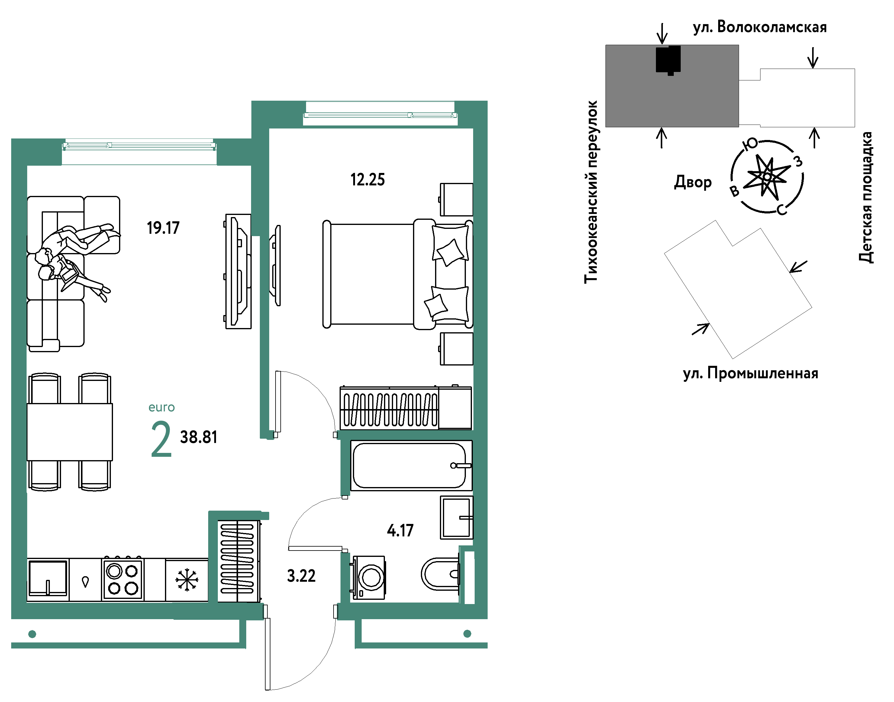 2-комнатная 38 м2 в ЖК Страна.Прибрежная корпус null этаж 6