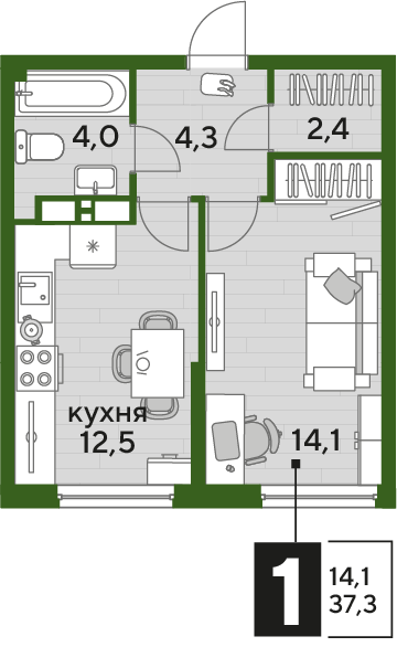 1-комнатная 37 м2 в ЖК Dogma Park корпус null этаж 12