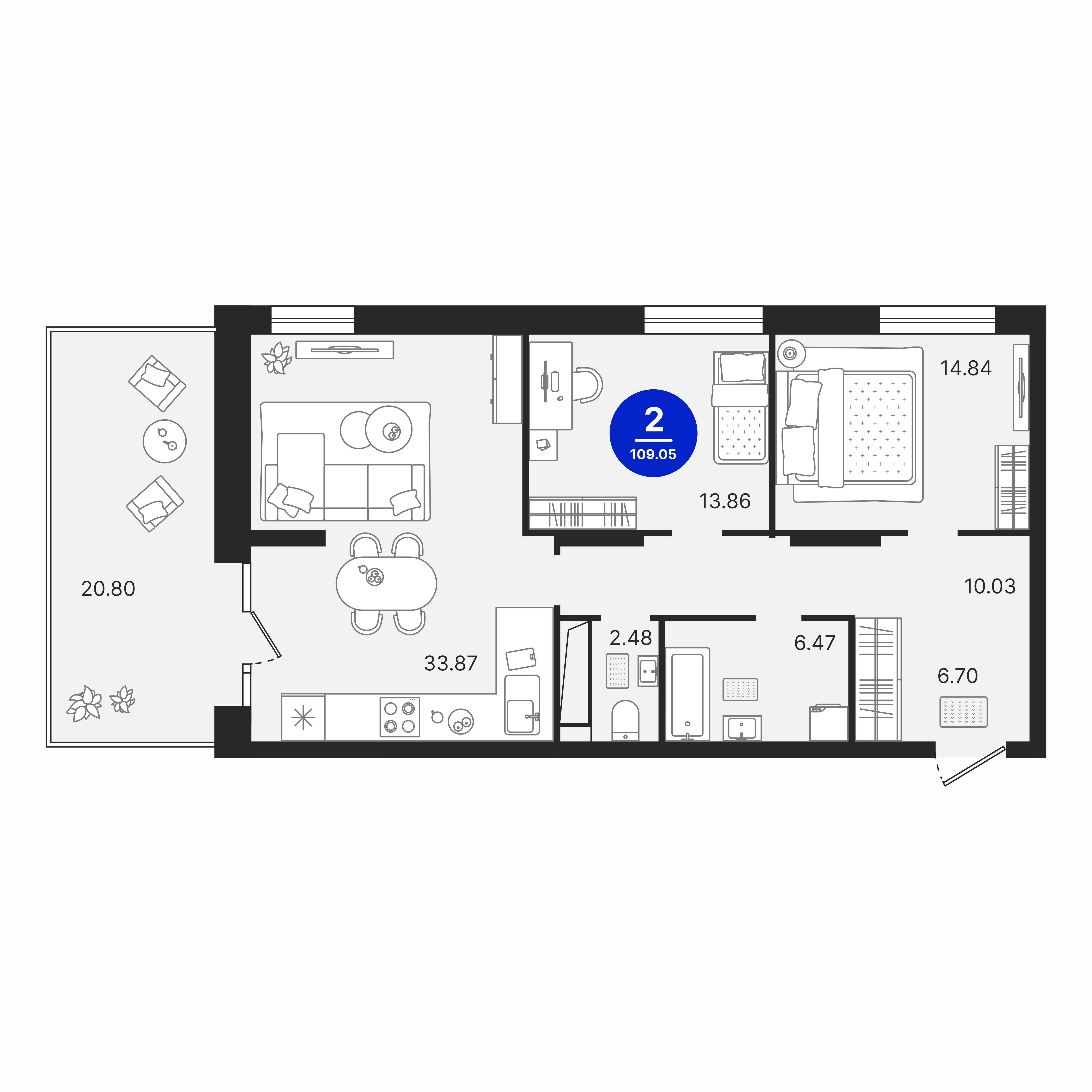 2-комнатная 88 м2 в ЖК Северное Сияние корпус null этаж 3