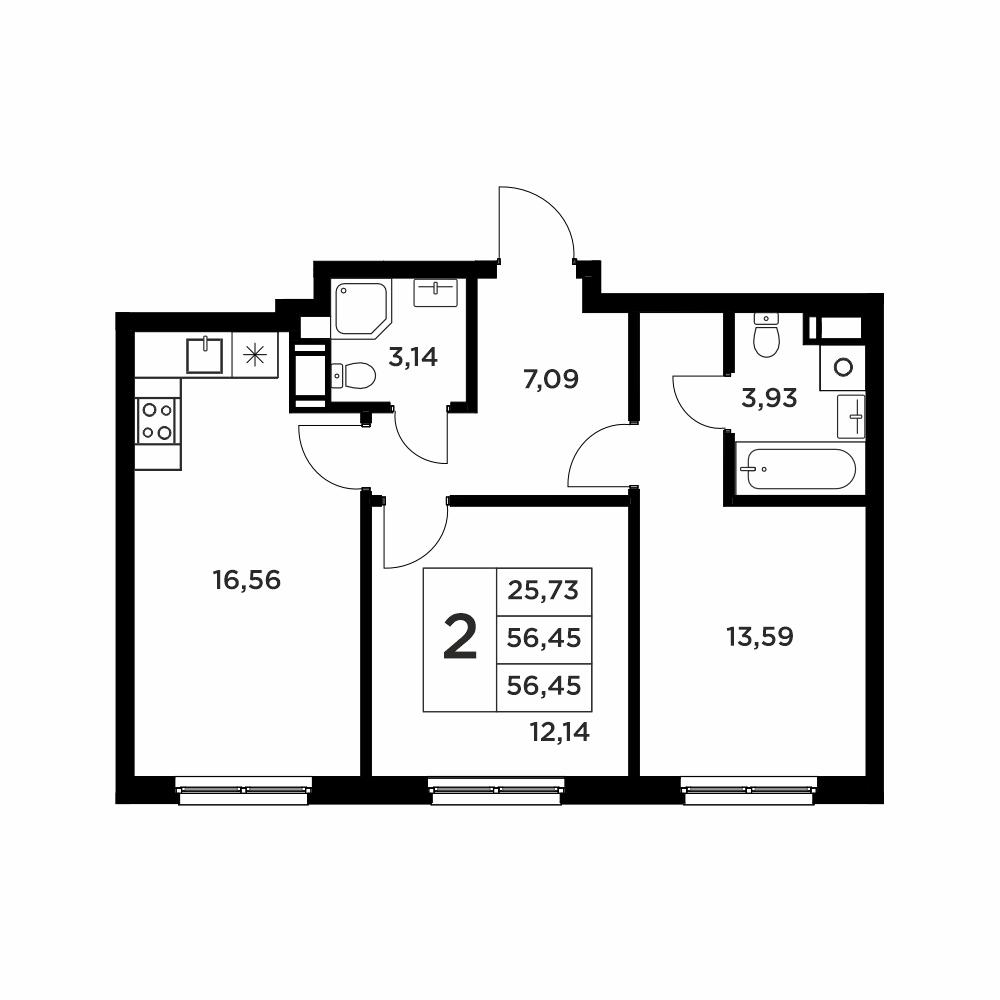 2-комнатная 56 м2 в ЖК Соседи корпус null этаж 8