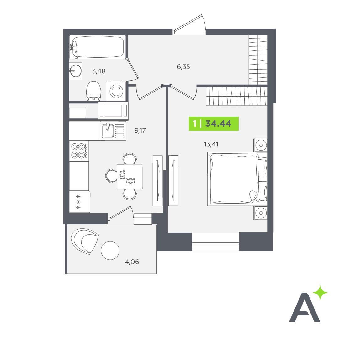 1-комнатная 34 м2 в ЖК Аквилон STORIES корпус null этаж 2