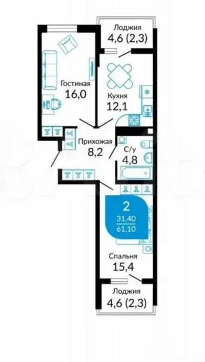 2-комнатная 57.8 м2 в ЖК undefined корпус null этаж 21