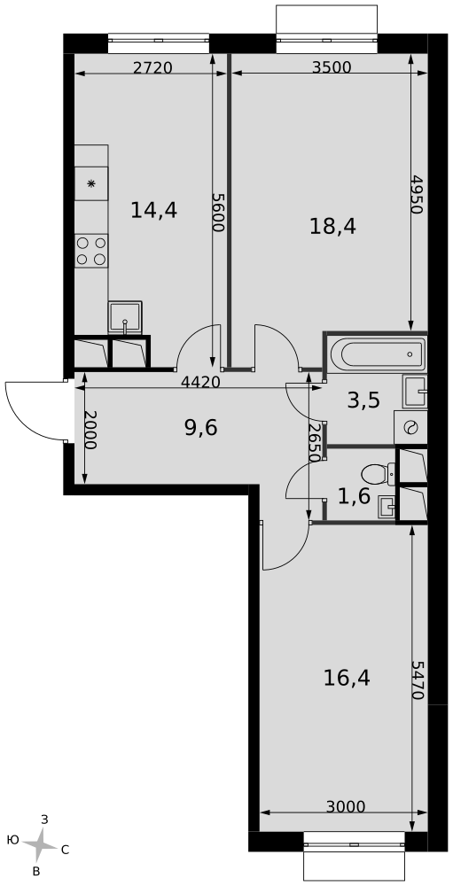 2-комнатная 63 м2 в ЖК Римский корпус null этаж 7