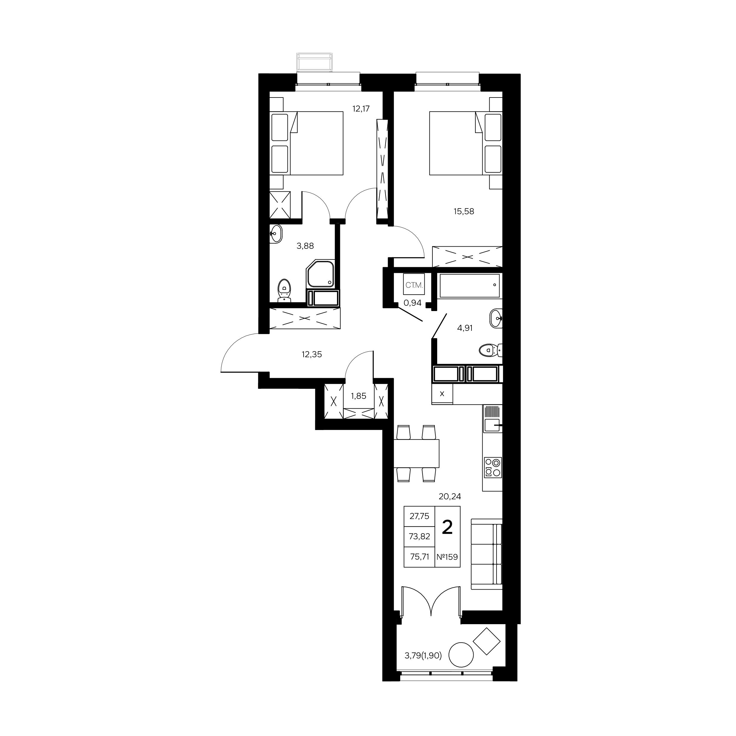2-комнатная 75 м2 в ЖК Дом Славский корпус null этаж 13