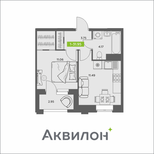 1-комнатная 31 м2 в ЖК Аквилон АКВАРТАЛ корпус null этаж 12