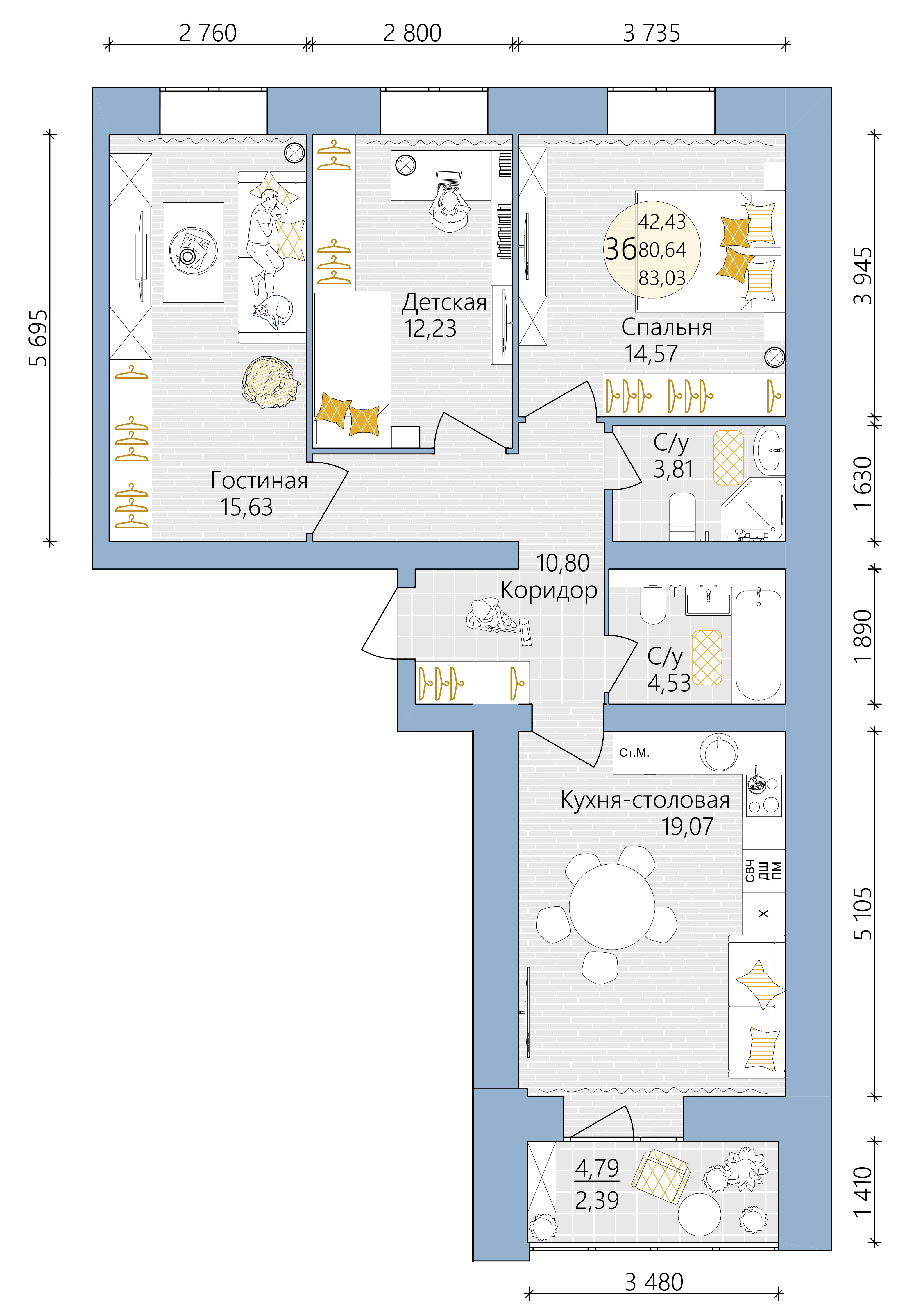 3-комнатная 83 м2 в ЖК Новая Высота корпус null этаж 11