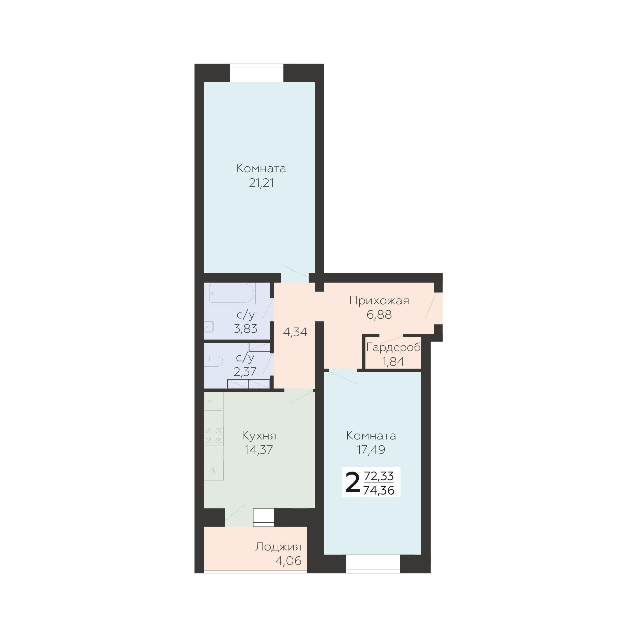 2-комнатная 74 м2 в ЖК Nova парк корпус null этаж 1