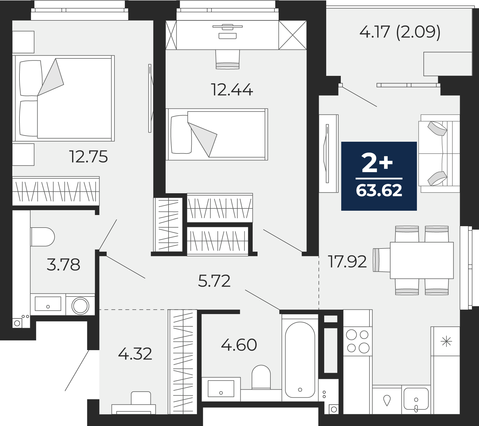 2-комнатная 61 м2 в ЖК Прео корпус null этаж 22