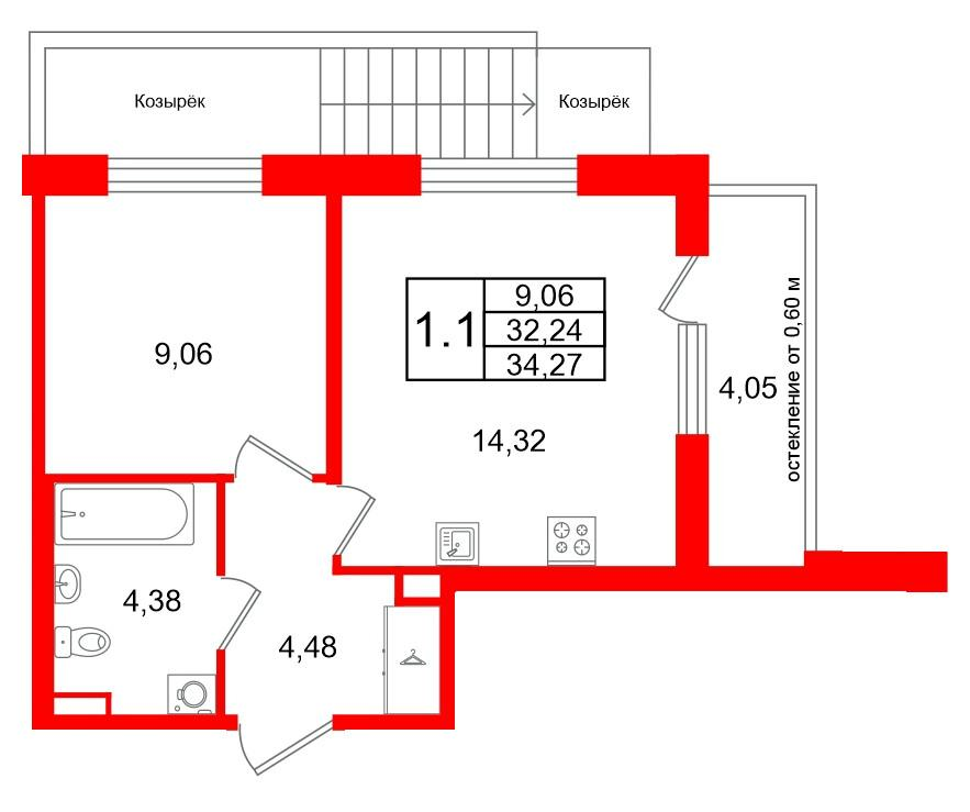 1-комнатная 32 м2 в ЖК Univer City корпус null этаж 1