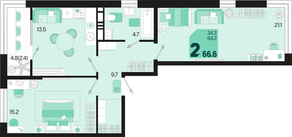 2-комнатная 66.6 м2 в ЖК undefined корпус null этаж 9