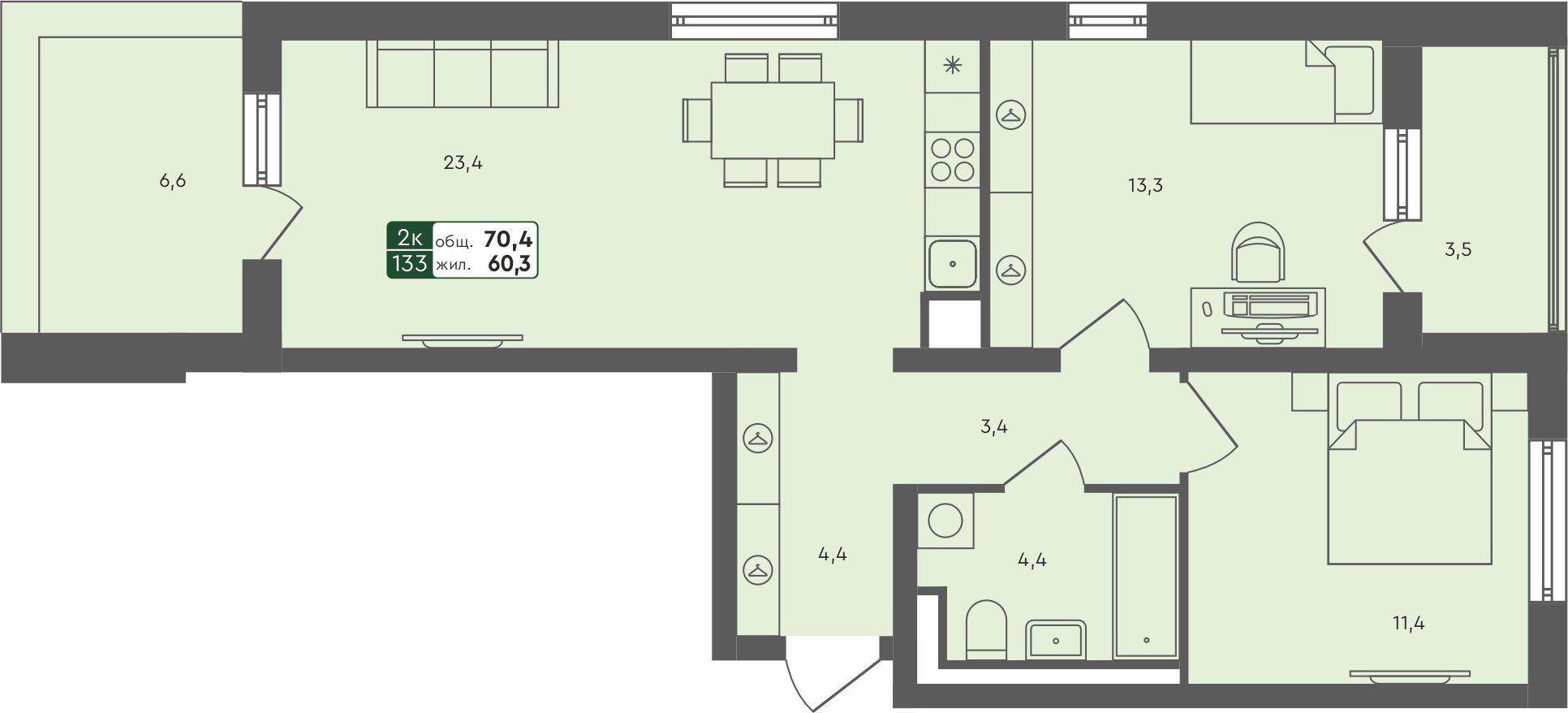 2-комнатная 70 м2 в ЖК Ритмы корпус null этаж 4
