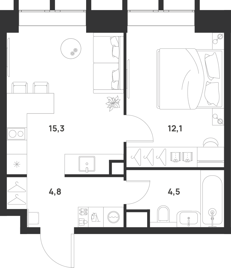1-комнатная 36 м2 в ЖК Voice Towers корпус null этаж 24