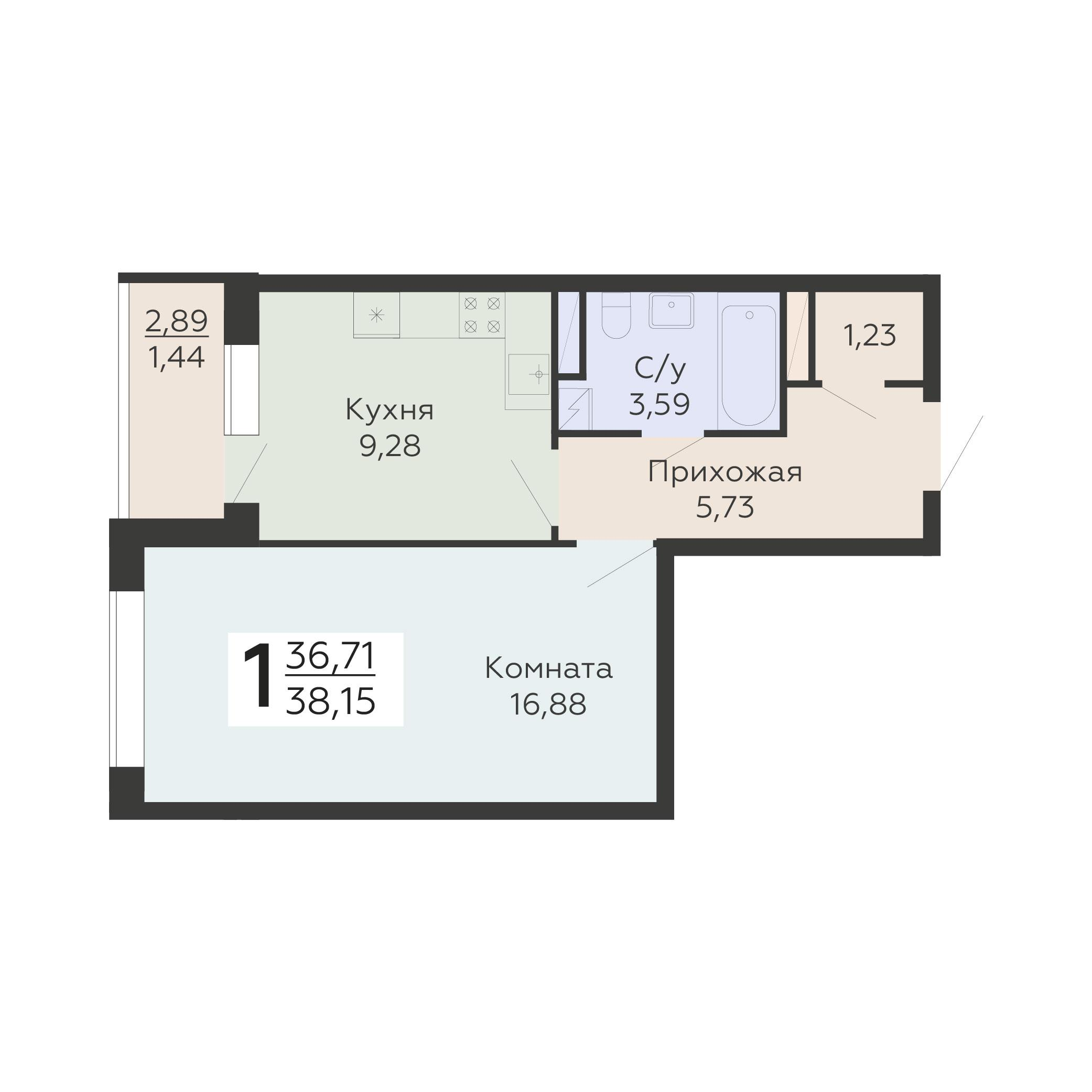 1-комнатная 38 м2 в ЖК Никитинские сады корпус null этаж 11