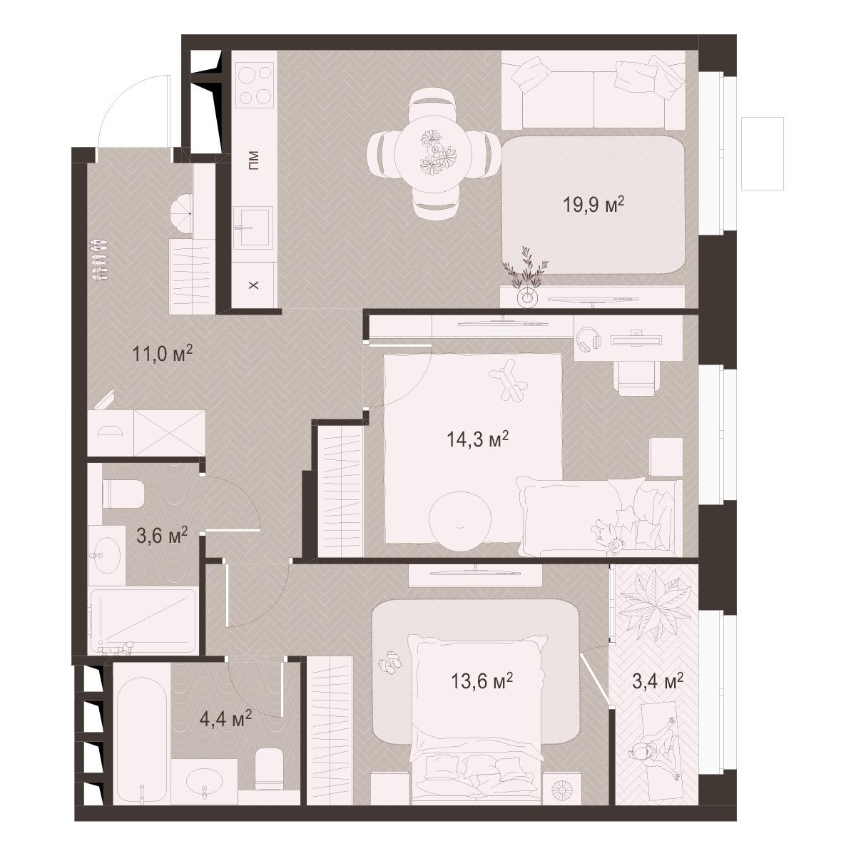 2-комнатная 70 м2 в ЖК Гранд Комфорт-3 корпус null этаж 3