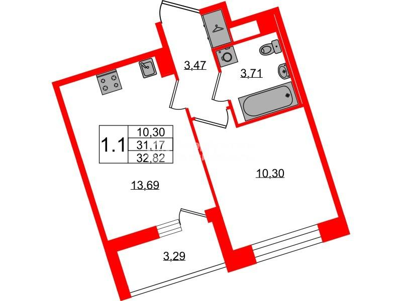 1-комнатная 31 м2 в ЖК Астра Континенталь корпус null этаж 7