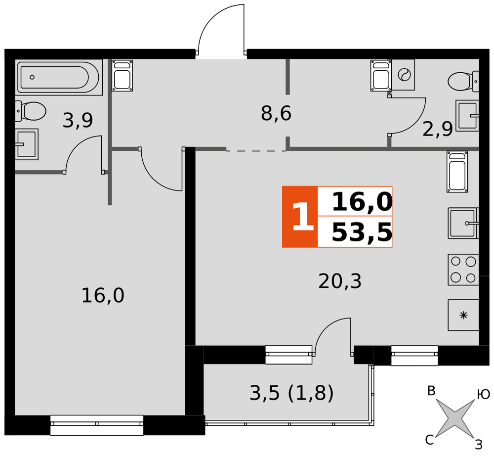 1-комнатная 53 м2 в ЖК Олимп (Обнинск) корпус null этаж 13