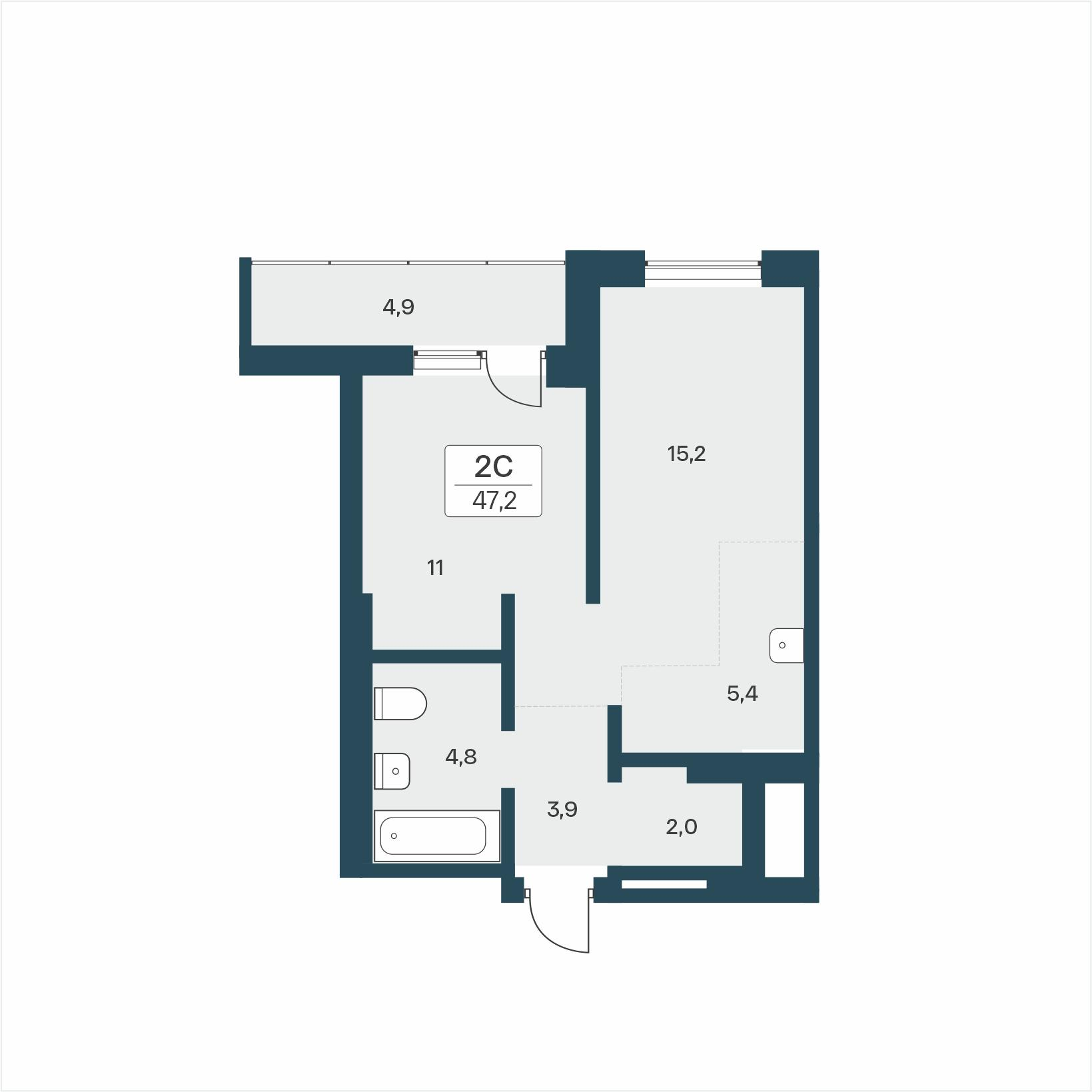 2-комнатная 47 м2 в ЖК Расцветай на Учительской корпус null этаж 2