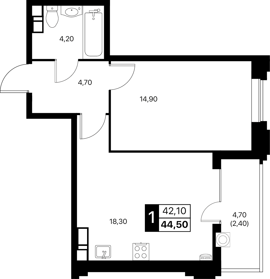 1-комнатная 44 м2 в ЖК Эстет корпус null этаж 5