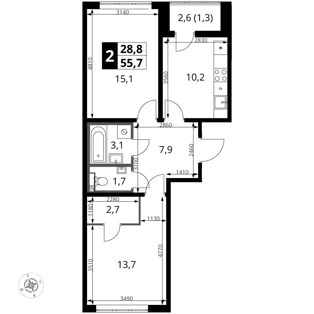2-комнатная 55 м2 в ЖК 1-й Южный корпус null этаж 2