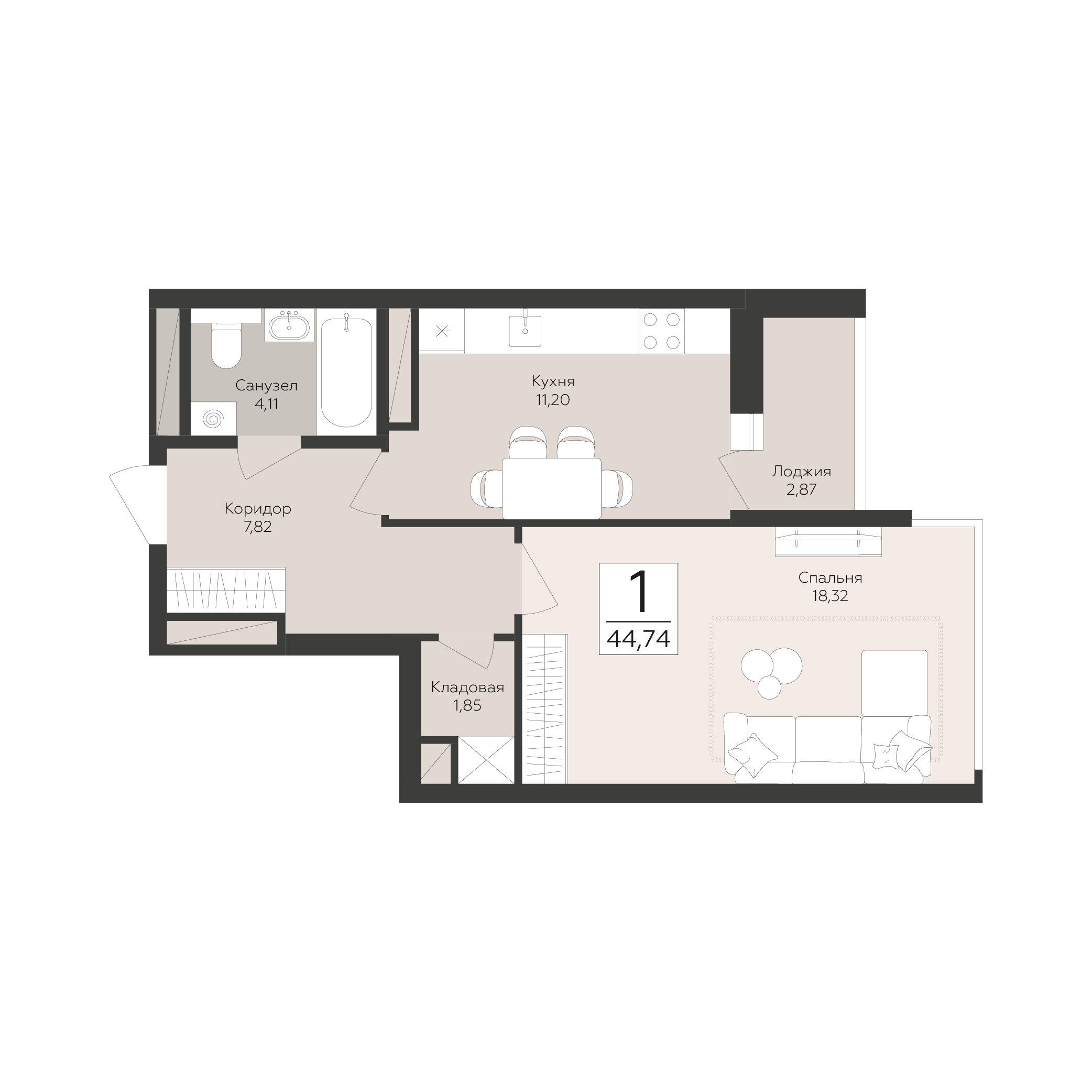 1-комнатная 44 м2 в ЖК Скай корпус null этаж 12