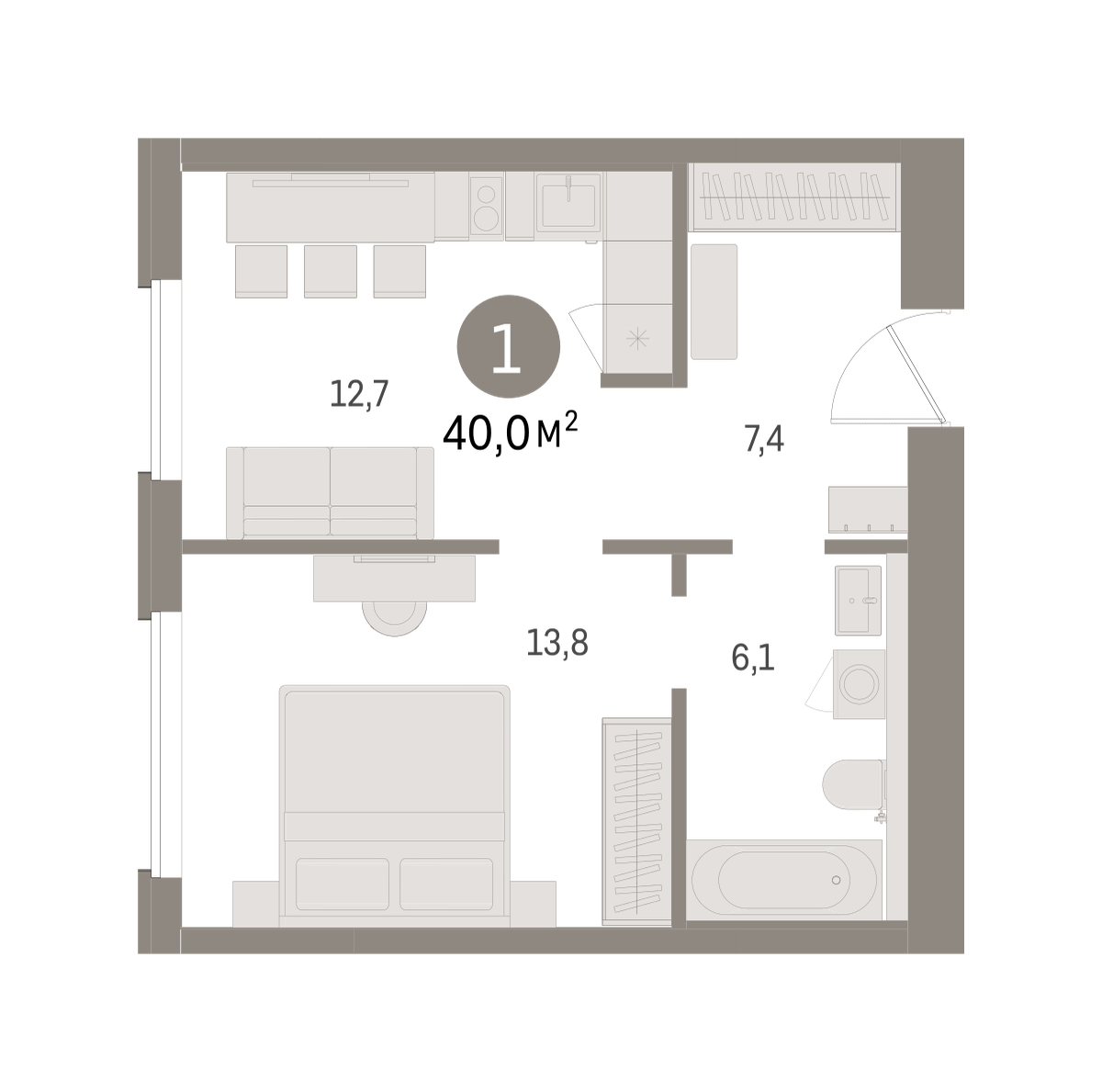 1-комнатная 40 м2 в ЖК Северный ветер корпус null этаж 12