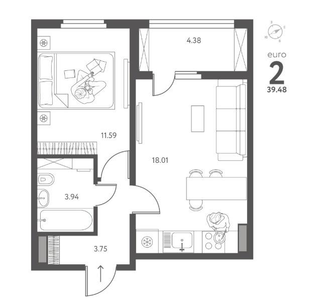 2-комнатная 39.5 м2 в ЖК undefined корпус null этаж 16