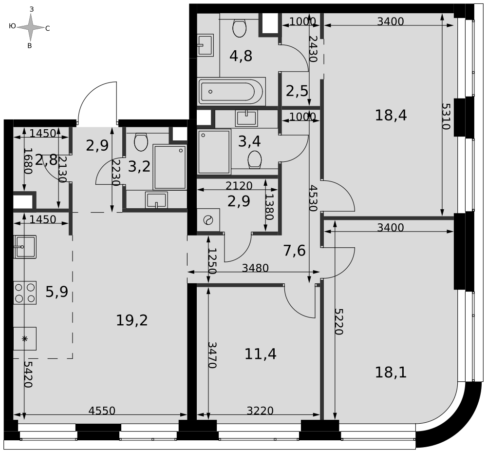 4-комнатная 103 м2 в ЖК Амбер Сити корпус null этаж 40