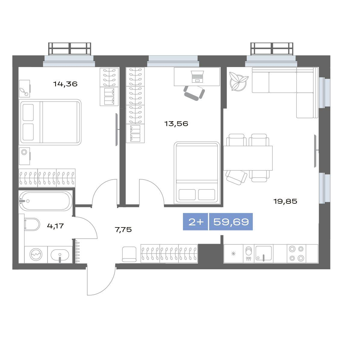 2-комнатная 59 м2 в ЖК Толк Медный корпус null этаж 20