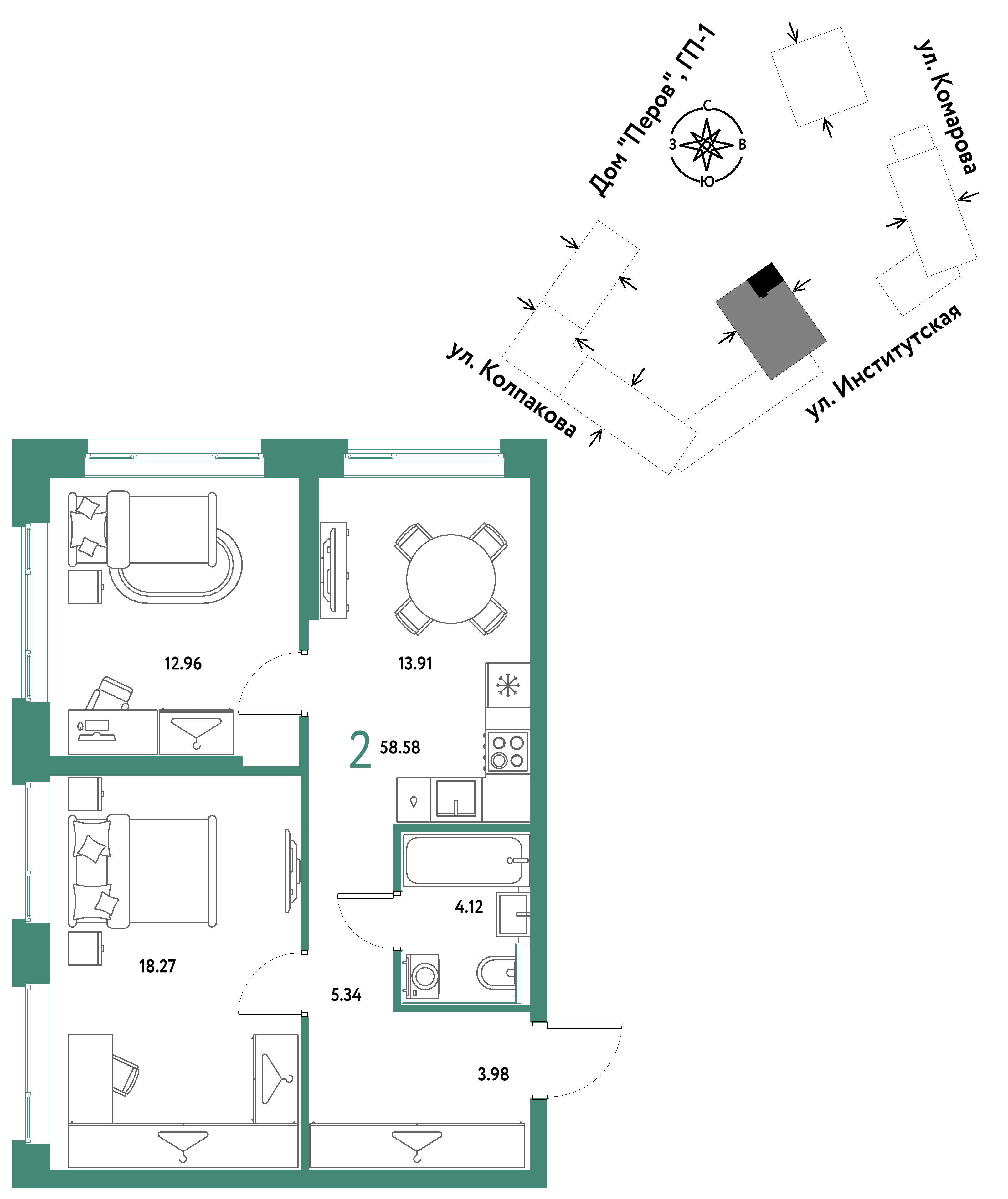 2-комнатная 58 м2 в ЖК Страна.Парковая корпус null этаж 7