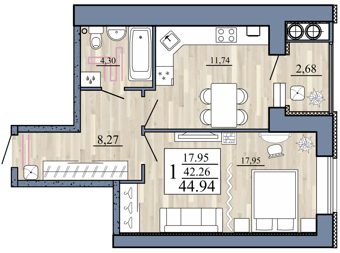 1-комнатная 44 м2 в ЖК Стрижи корпус null этаж 2