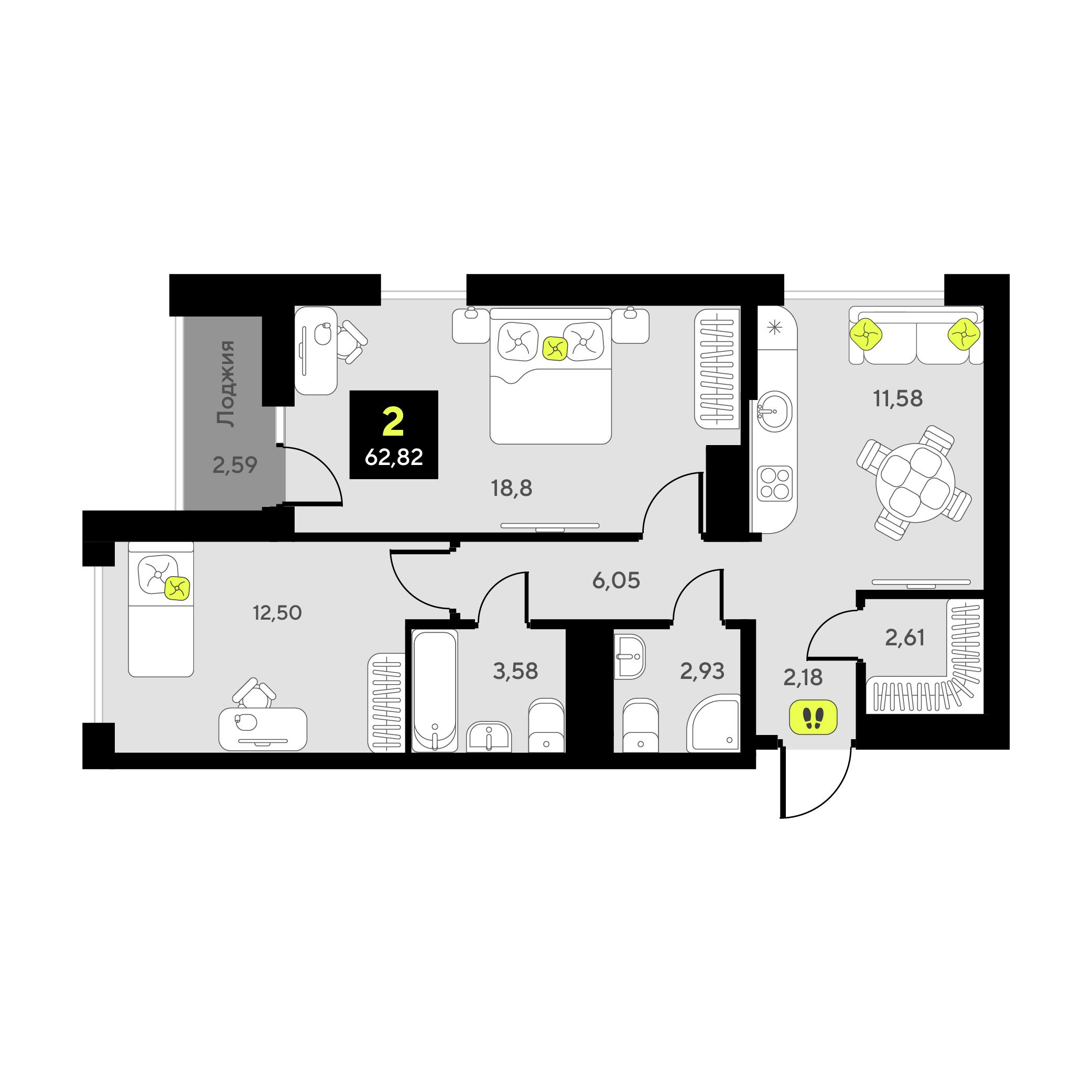 2-комнатная 62 м2 в ЖК Мотивы корпус null этаж 6