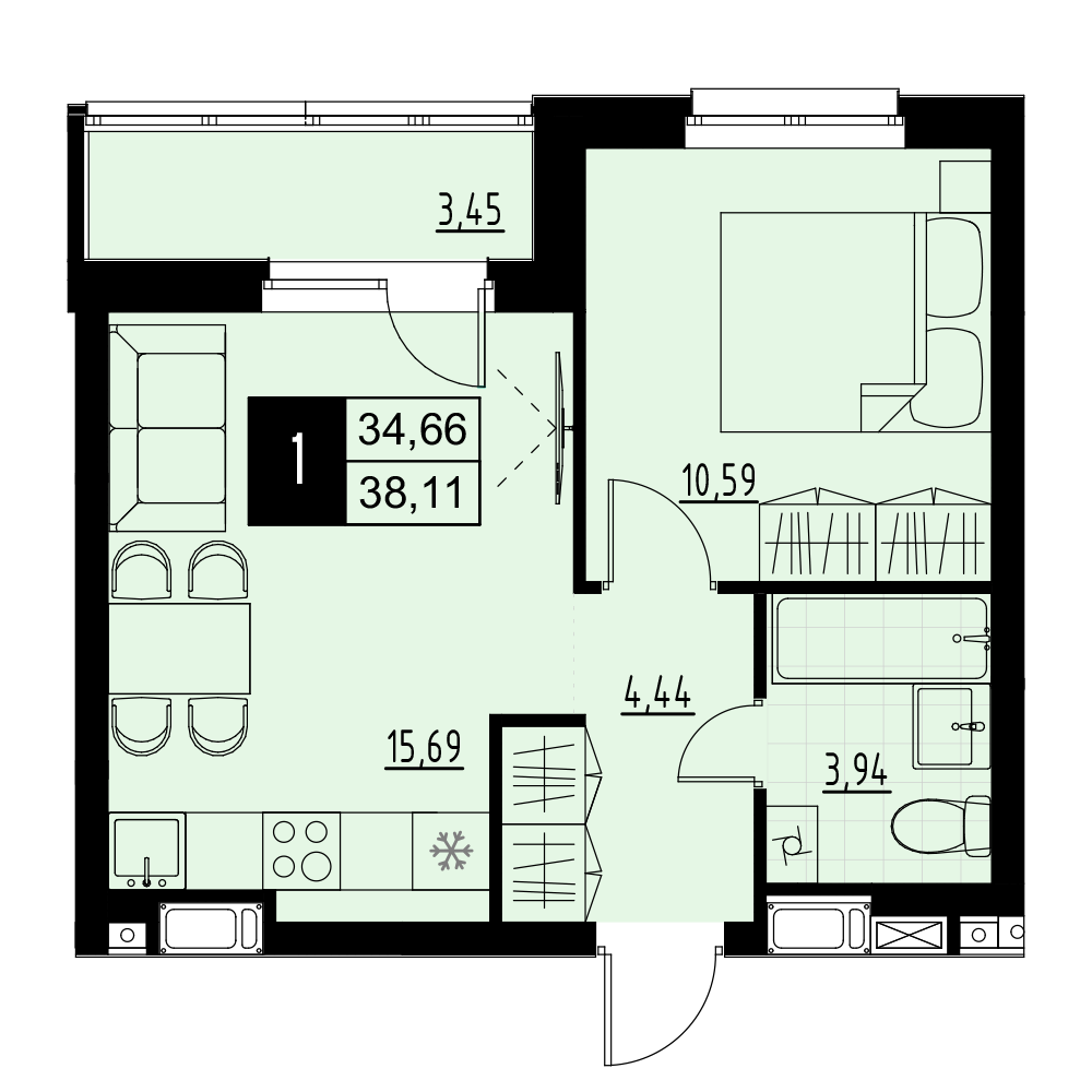 1-комнатная 36 м2 в ЖК Макрорайон Амград корпус null этаж 1