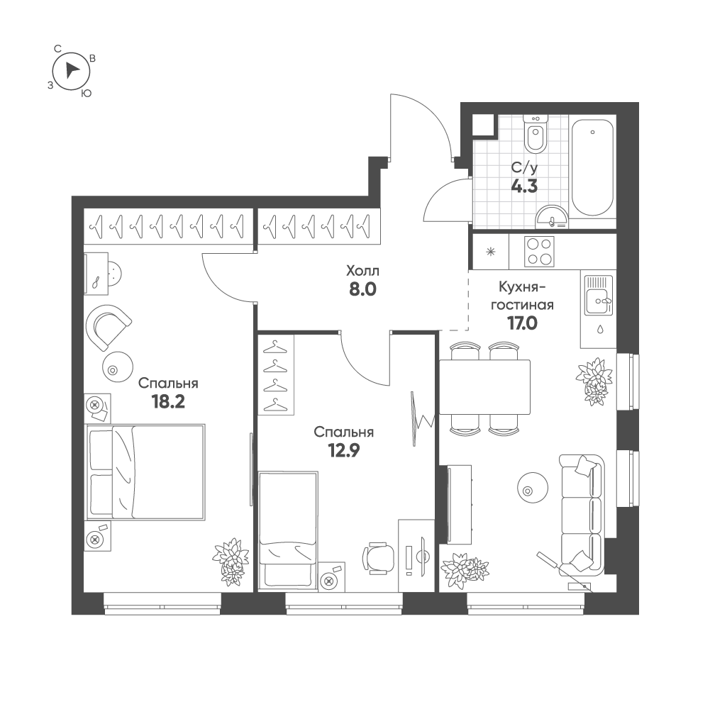 2-комнатная 60 м2 в ЖК Sokolinn Park корпус null этаж 13