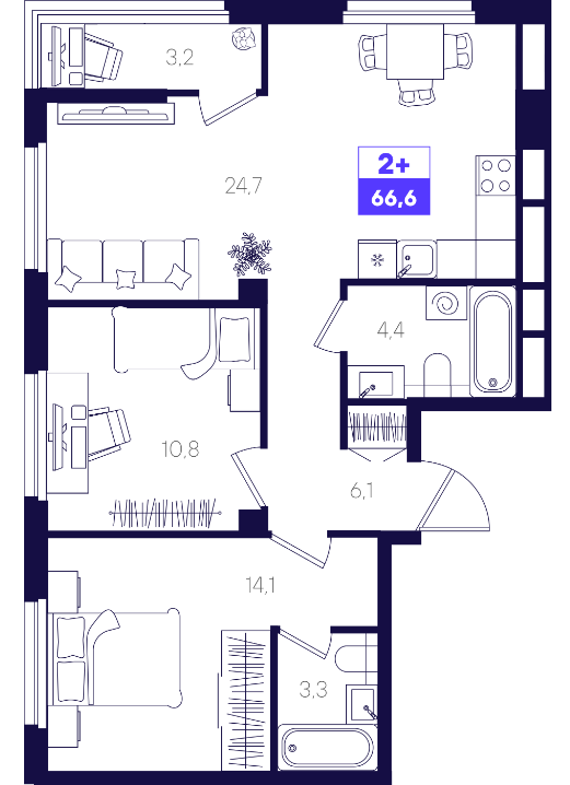 2-комнатная 66 м2 в ЖК Отличие корпус null этаж 12