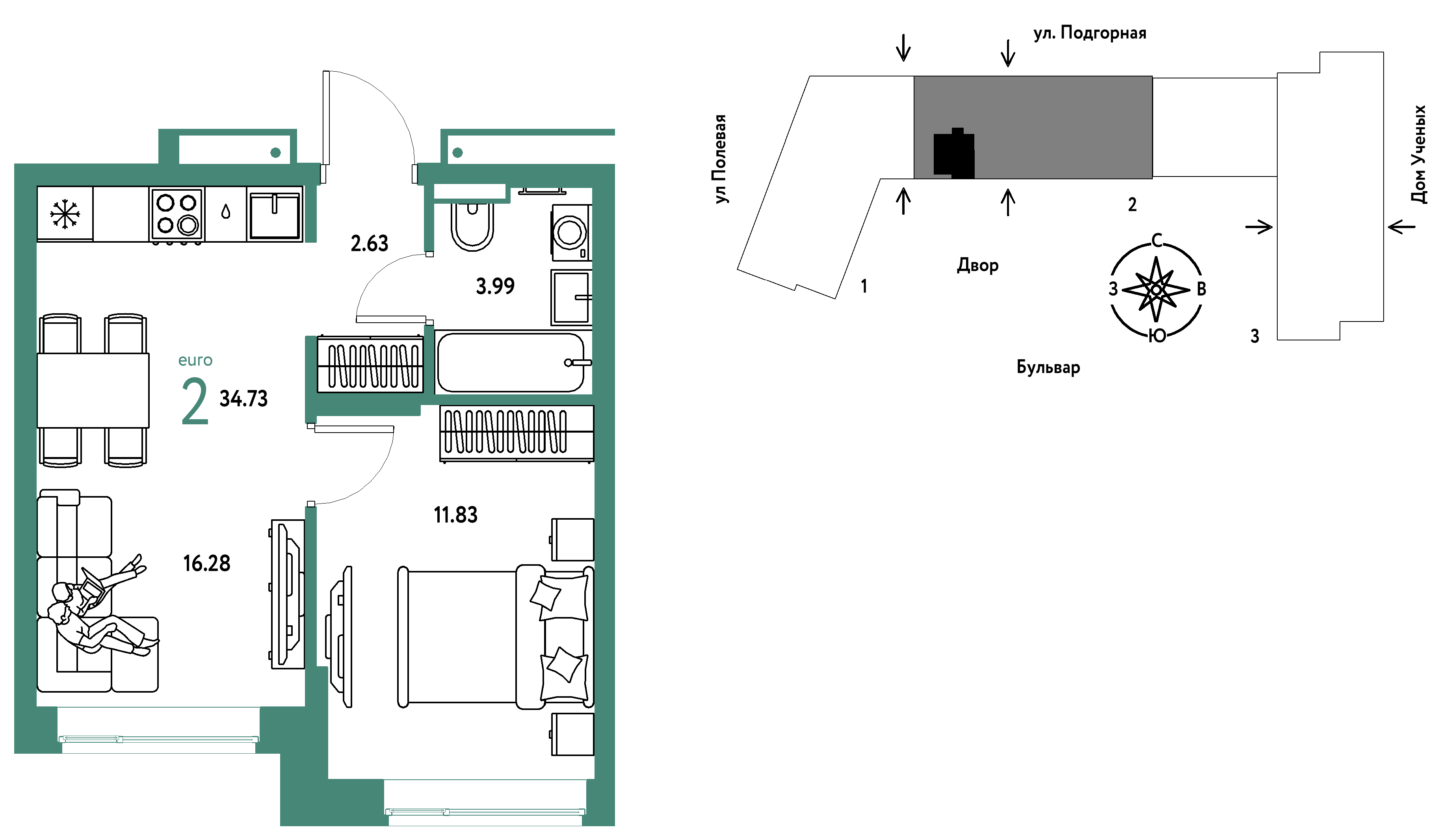 2-комнатная 34 м2 в ЖК Авторский корпус null этаж 8