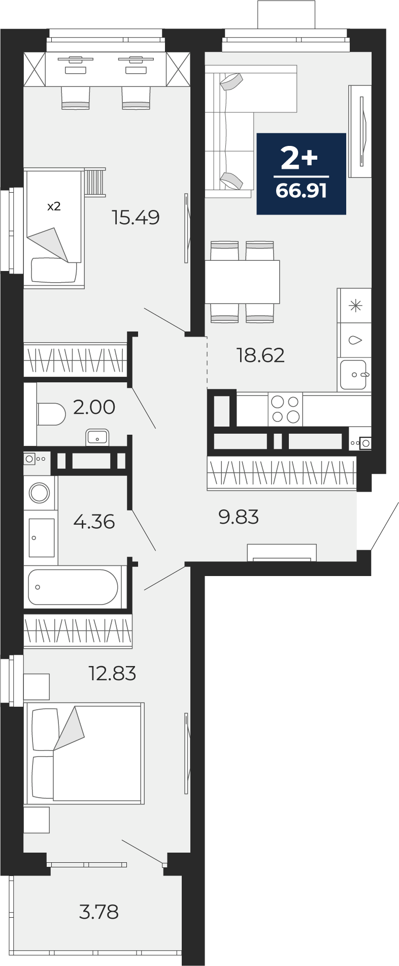 2-комнатная 63 м2 в ЖК Прео корпус null этаж 19