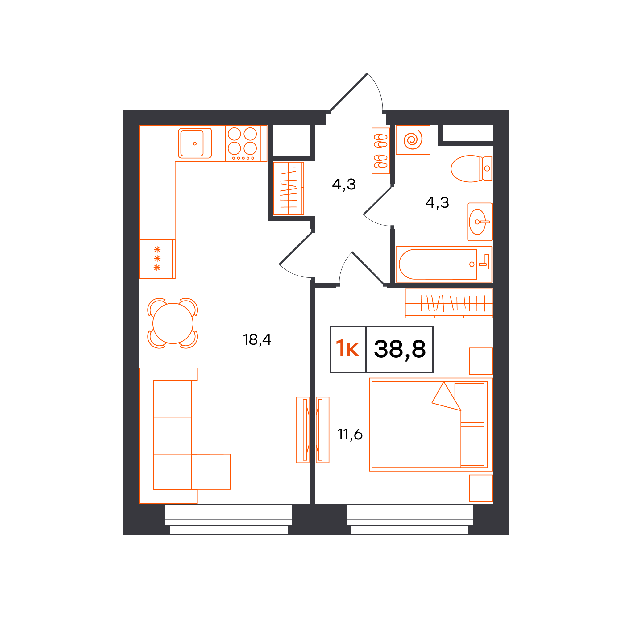 1-комнатная 38 м2 в ЖК Отличие корпус null этаж 4
