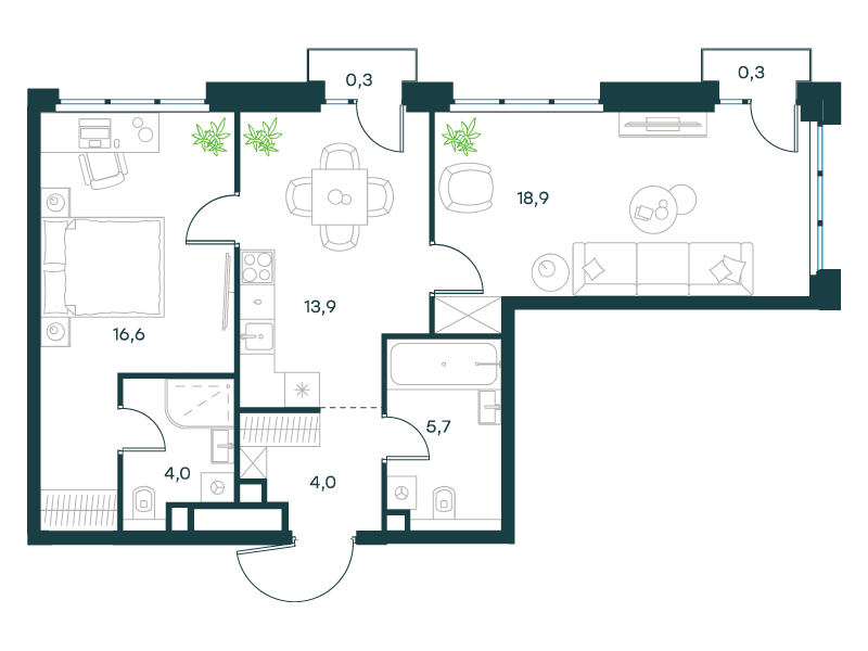 2-комнатная 63 м2 в ЖК Левел Селигерская корпус null этаж 4