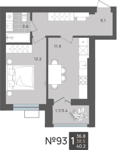 1-комнатная 38 м2 в ЖК Сальвадор корпус null этаж 2