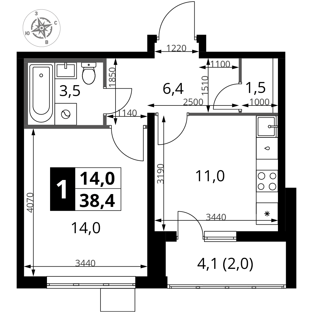 1-комнатная 38 м2 в ЖК 1-й Южный корпус null этаж 24