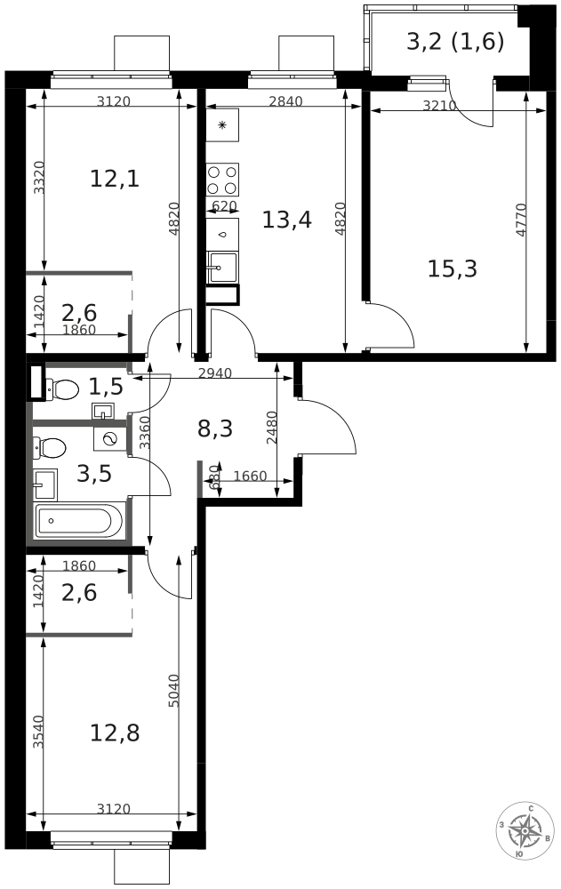 3-комнатная 74 м2 в ЖК 1-й Ясеневский корпус null этаж 8