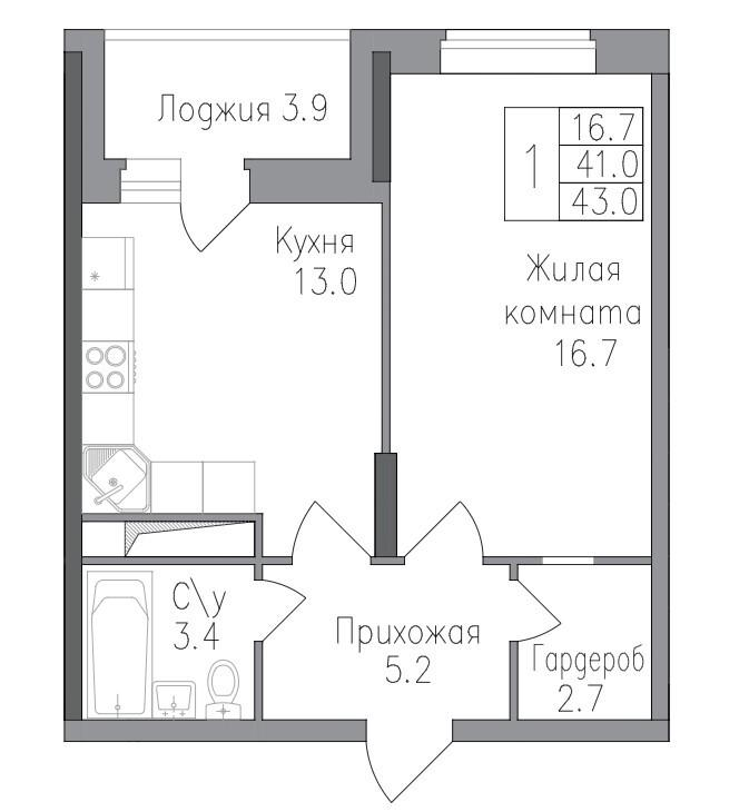 1-комнатная 43 м2 в ЖК undefined корпус null этаж 4