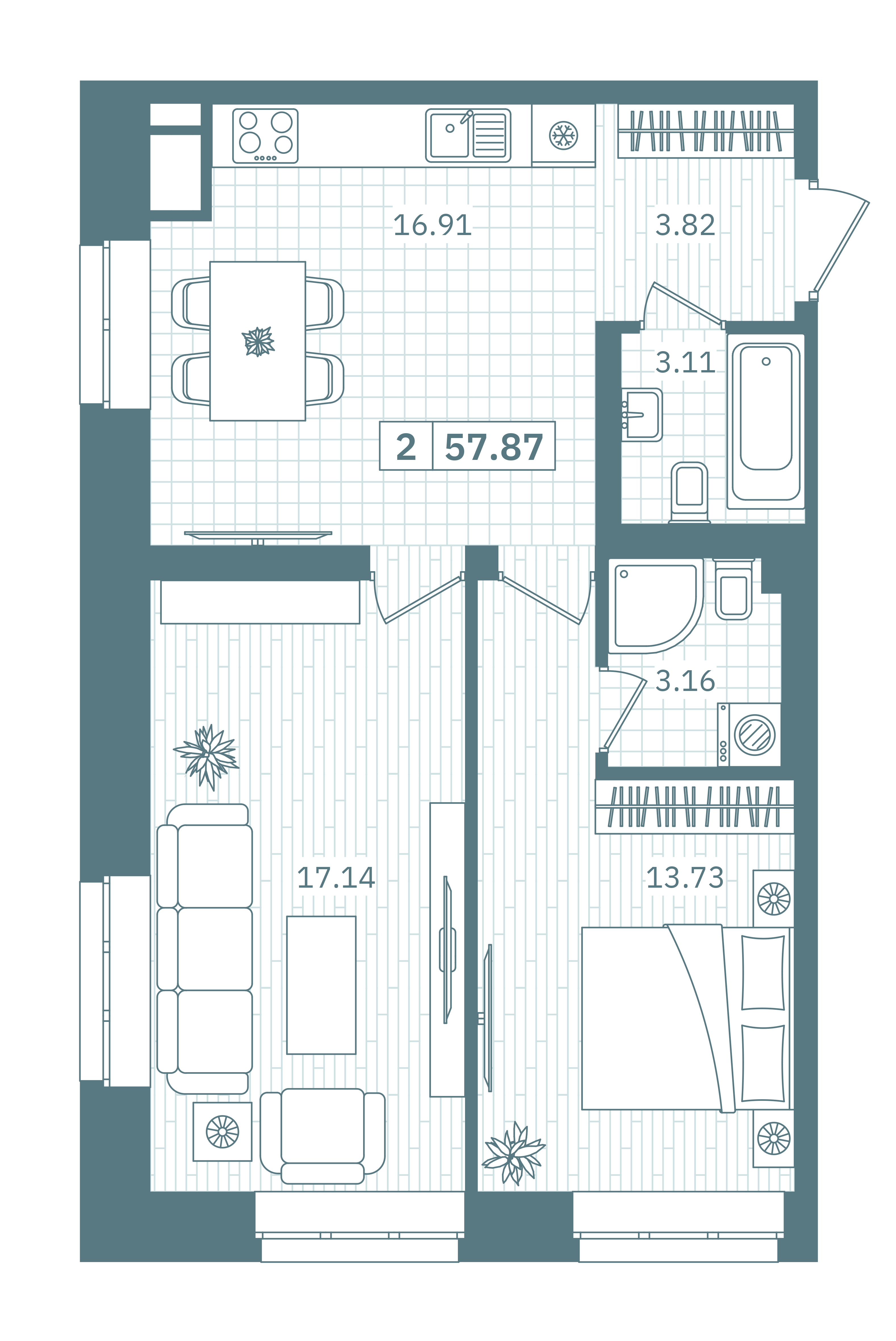 2-комнатная 57 м2 в ЖК Прибрежный парк корпус null этаж 8