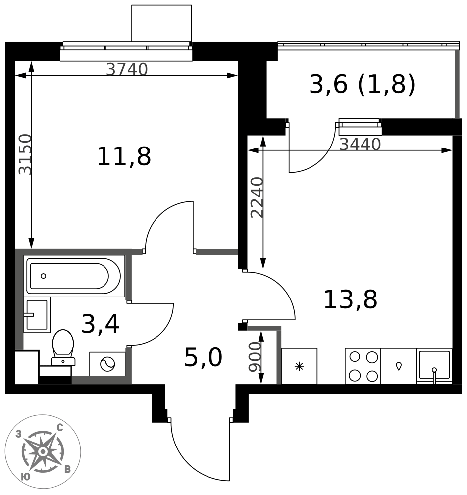 1-комнатная 35 м2 в ЖК 1-й Южный корпус null этаж 21