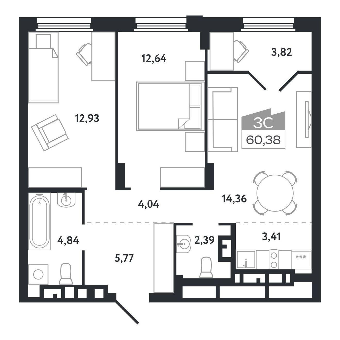 3-комнатная 60 м2 в ЖК Квартал 1604 корпус null этаж 9