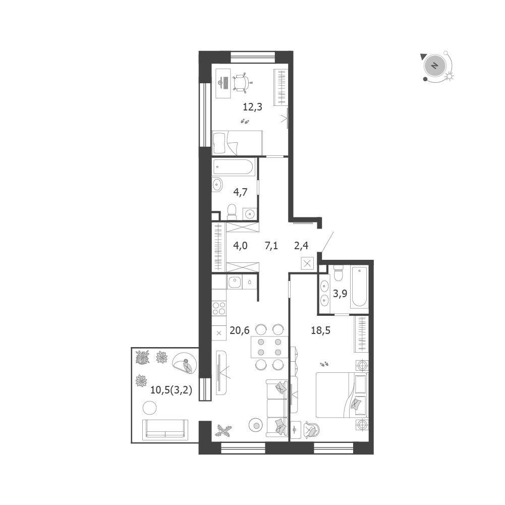 2-комнатная 76 м2 в ЖК Shagal корпус null этаж 2