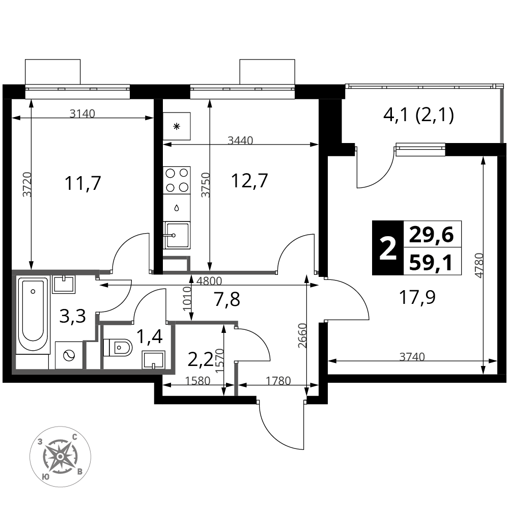 2-комнатная 59 м2 в ЖК Южная Битца корпус null этаж 11