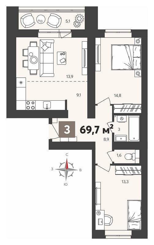 3-комнатная 69 м2 в ЖК Новелла корпус null этаж 14